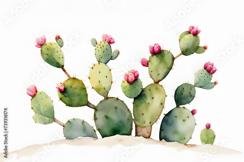 Watercolor illustration. Cacti with flowers. Prickly pear on a white background. Illustration for design or background