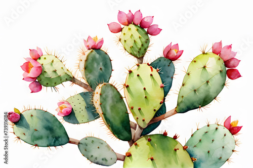 Watercolor cactuses with flowers. Opuntia on white background. 