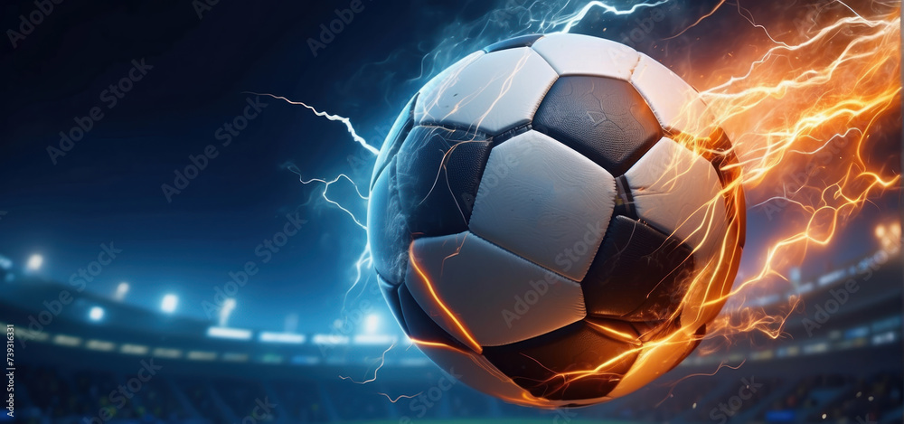 soccer ball with flames and lightning flying like a comet on night sky, blue and orange background