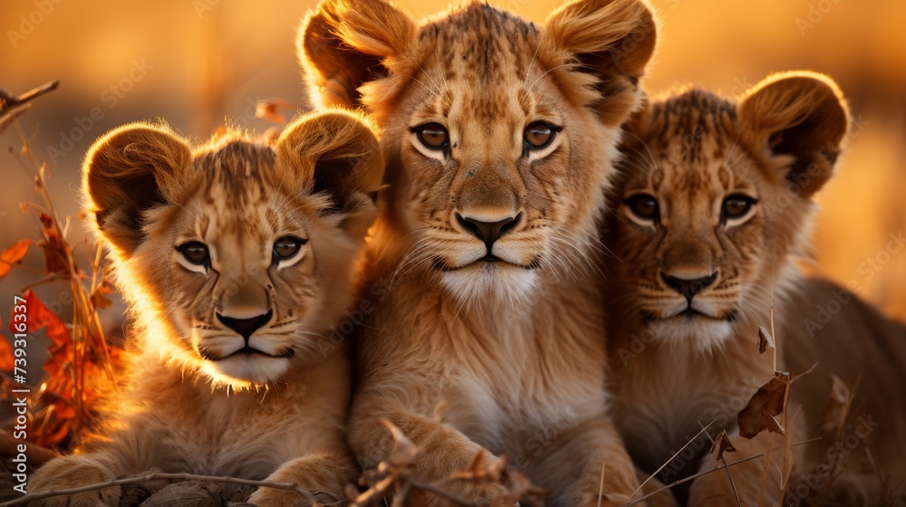 A pride of lions resting under a tree in the golden light of dawn, serene and powerful, capturing th