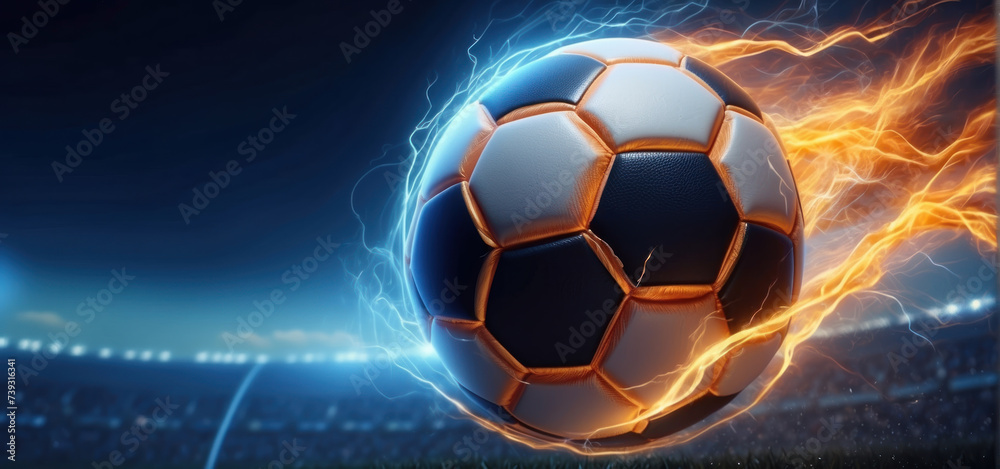 soccer ball with flames and lightning flying like a comet on night sky, blue and orange background
