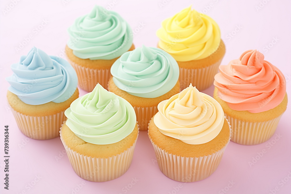 Multicolored muffins with whipped cream top isolated on pink background. Multicolored muffins with whipped cream top isolated on pink background.