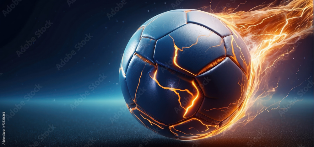 soccer ball with flames and lightning flying like a comet on night sky, blue and orange background