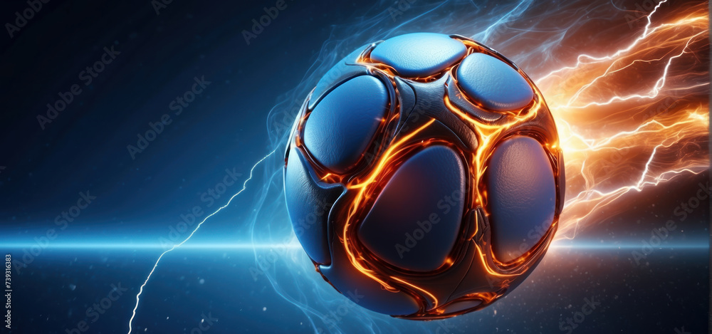 soccer ball with flames and lightning flying like a comet on night sky, blue and orange background