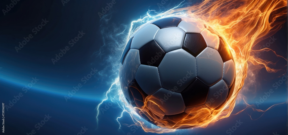 soccer ball with flames and lightning flying like a comet on night sky, blue and orange background