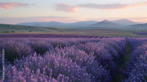 A serene lavender field  with rolling hills as the background  during twilight