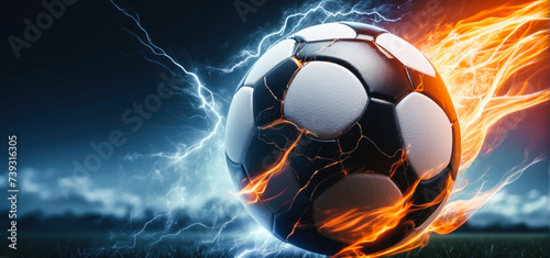 Obraz na płótnie soccer ball with flames and lightning flying like a comet on night sky, blue and orange background w salonie