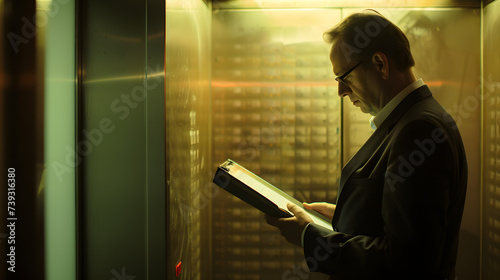 A businessman in a high-speed elevator reviewing his days schedule on a digital planner optimizing every minute. photo