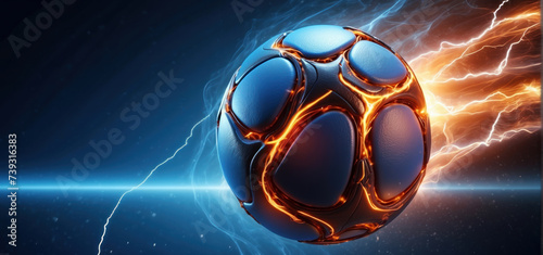 Obraz na płótnie soccer ball with flames and lightning flying like a comet on night sky, blue and orange background w salonie