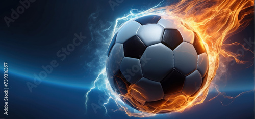 Obraz na płótnie soccer ball with flames and lightning flying like a comet on night sky, blue and orange background w salonie