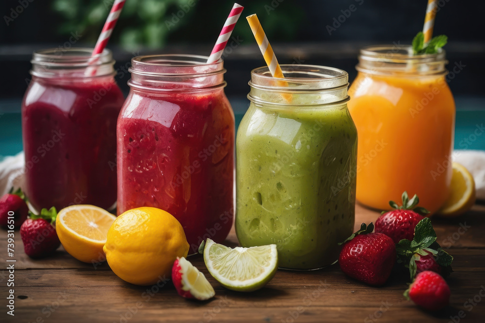 summer cool slush or smoothie iced fruit juice glass jars for refreshing healthy chilled drinks