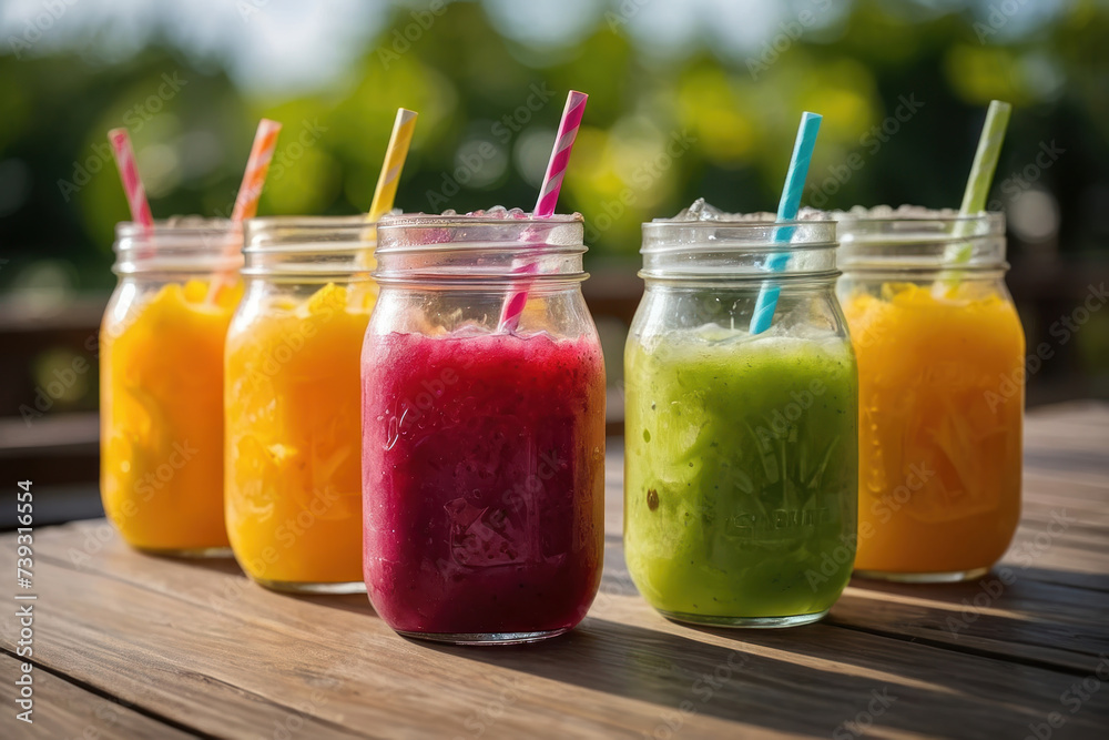 summer cool slush or smoothie iced fruit juice glass jars for refreshing healthy chilled drinks