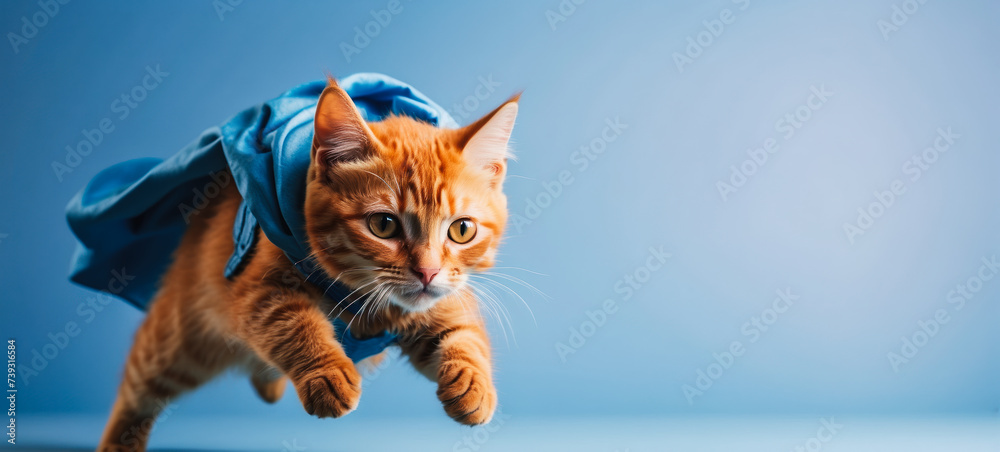Superhero cat, cute Siberian red tabby kitten in a blue cloak and mask jumps and flies on a blue background with copy space. Concept of superhero, super cat, leader, funny animal shot in studio