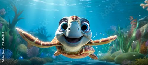 Illustration of a happy turtle smiling under the sea. Colourful cartoon coral under water in ocean. Generative Ai.