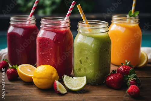 Obraz na płótnie summer cool slush or smoothie iced fruit juice glass jars for refreshing healthy chilled drinks w salonie
