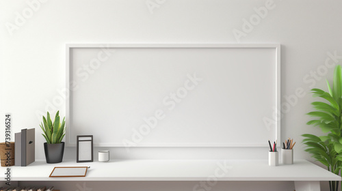A mockup of an office with a blank white empty frame, presenting a colorful, artistic digital rendering.