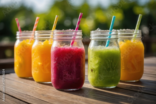 Obraz na płótnie summer cool slush or smoothie iced fruit juice glass jars for refreshing healthy chilled drinks w salonie