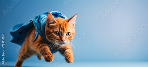 Obraz na płótnie Superhero cat, cute Siberian red tabby kitten in a blue cloak and mask jumps and flies on a blue background with copy space. Concept of superhero, super cat, leader, funny animal shot in studio w salonie