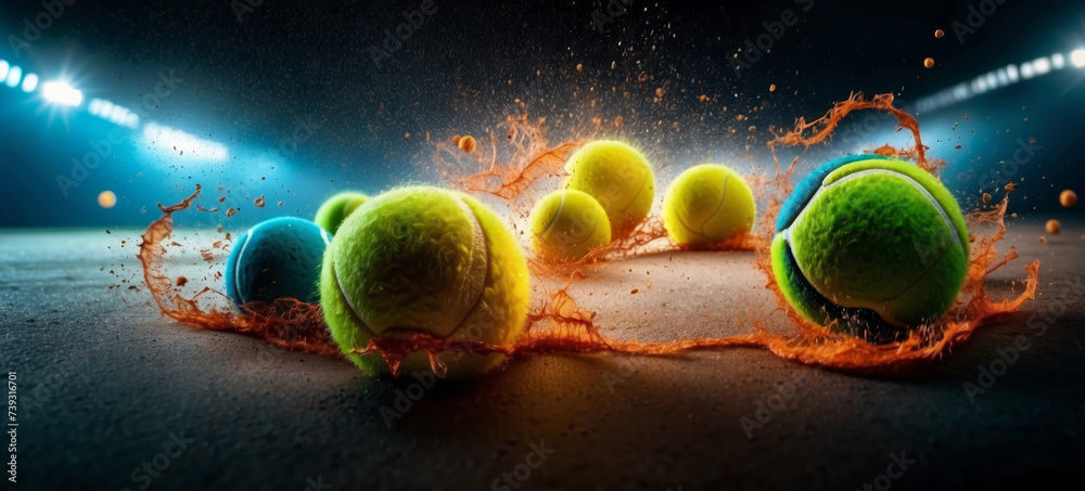 Tennis balls background after the game. Close up view of green tennis balls