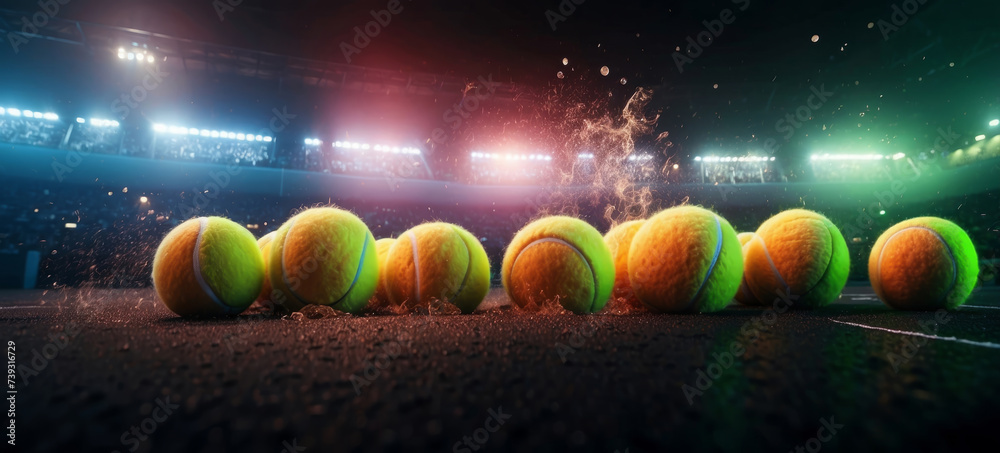 Tennis balls background after the game. Close up view of green tennis balls