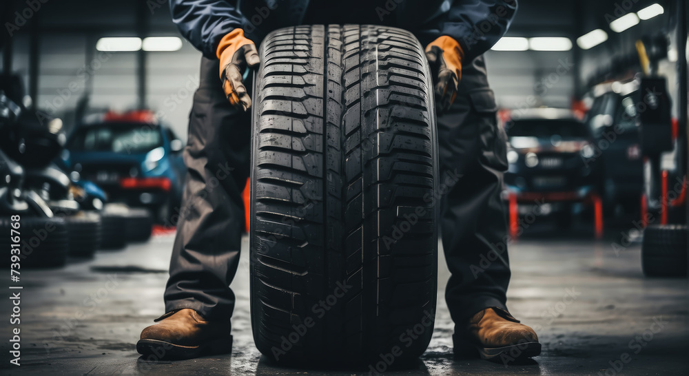 tire at repairing service garage background. Technician man replacing winter and summer tire for safety road trip. Transportation and automotive maintenance concept