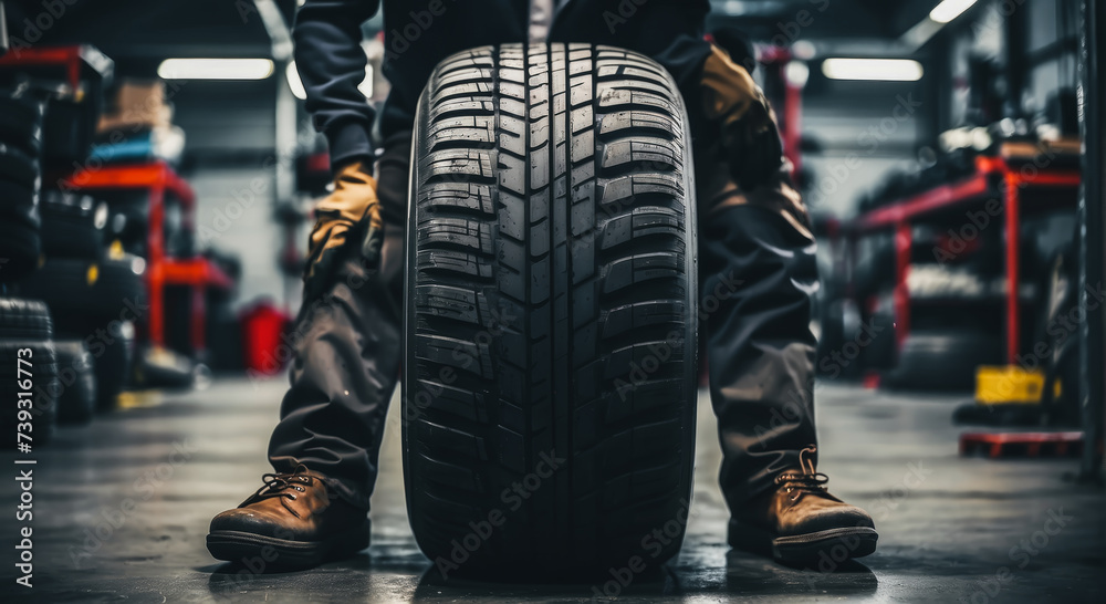 tire at repairing service garage background. Technician man replacing winter and summer tire for safety road trip. Transportation and automotive maintenance concept  - obrazy, fototapety, plakaty 