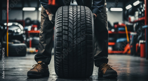 tire at repairing service garage background. Technician man replacing winter and summer tire for safety road trip. Transportation and automotive maintenance concept 