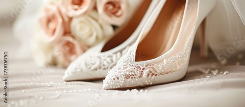 Elegant bridal shoes adorned with delicate lace and intricate pearls for a timeless wedding look