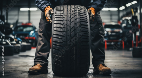 Obraz na płótnie tire at repairing service garage background. Technician man replacing winter and summer tire for safety road trip. Transportation and automotive maintenance concept w salonie