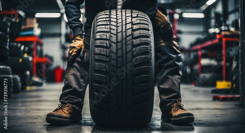 Obraz na płótnie tire at repairing service garage background. Technician man replacing winter and summer tire for safety road trip. Transportation and automotive maintenance concept w salonie