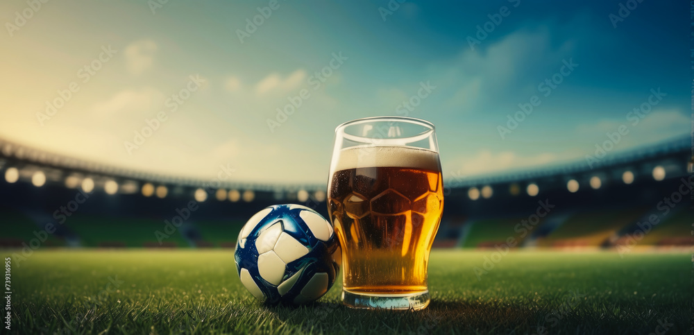 Two beer glasses standing on the grass of the pitch with a ball in the background, a beer advertising or soccer world cup theme with space for text or inscriptions