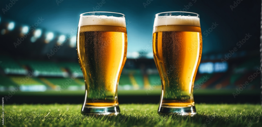 Two beer glasses standing on the grass of the pitch with a ball in the background, a beer advertising or soccer world cup theme with space for text or inscriptions