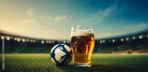 Two beer glasses standing on the grass of the pitch with a ball in the background, a beer advertising or soccer world cup theme with space for text or inscriptions photo