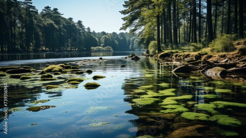 A serene forest lake, the still water reflecting the surrounding trees and the sky, the quietness of