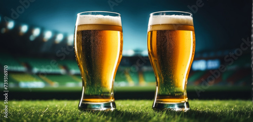 Obraz na płótnie Two beer glasses standing on the grass of the pitch with a ball in the background, a beer advertising or soccer world cup theme with space for text or inscriptions w salonie
