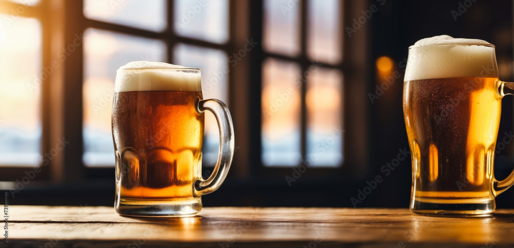 Two mugs of light beer with foam standing on a wooden table in a bar or room with windows and sunlight in the background, with space for text, advertising and banner for beer