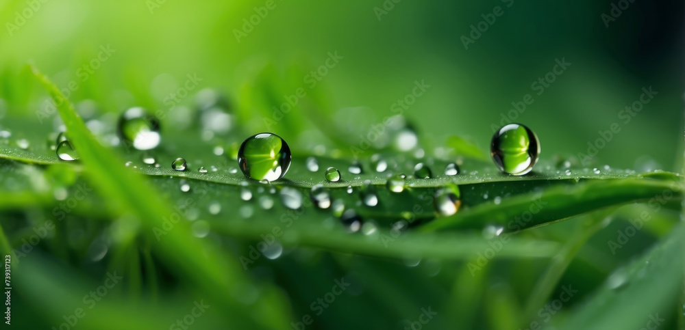 Water drops on green grass, close-up. Nature background