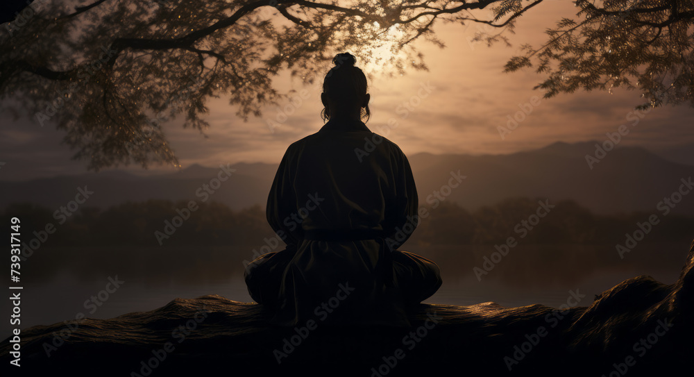 silhouette of buddha monk at sunset