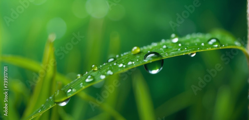 Water drops on green grass, close-up. Nature background
