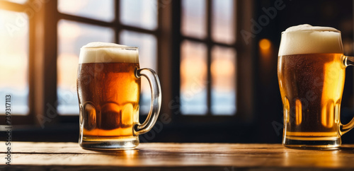 Obraz na płótnie Two mugs of light beer with foam standing on a wooden table in a bar or room with windows and sunlight in the background, with space for text, advertising and banner for beer w salonie