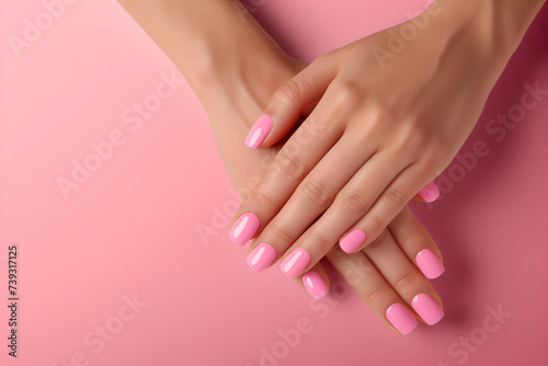 Female hands with pink nail design. Female hands on pink background.