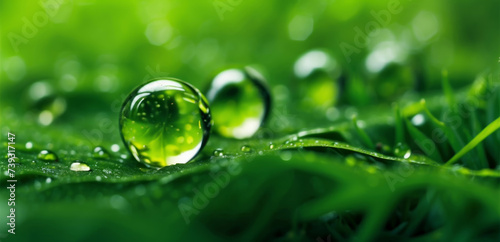 Obraz na płótnie Water drops on green grass, close-up. Nature background w salonie