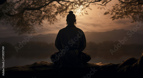 silhouette of buddha monk at sunset © FR-Studio