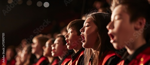 A diverse choir of young people showcasing their vocal talents in unison photo