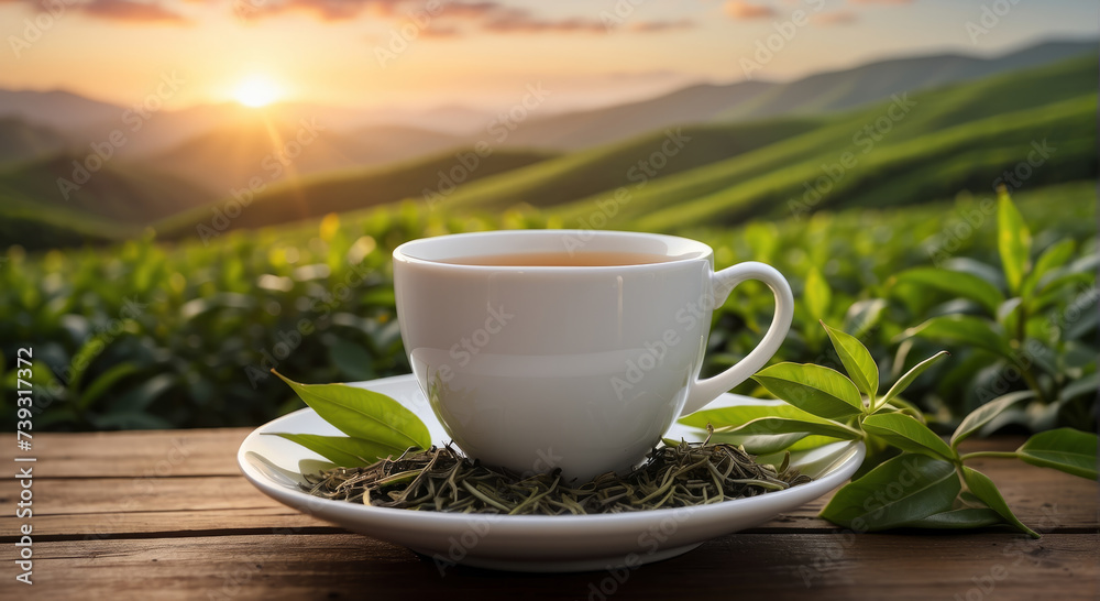 white cup of tea sits amidst lush green tea leaves with a beautiful sunrise illuminating the rolling hills in the background
