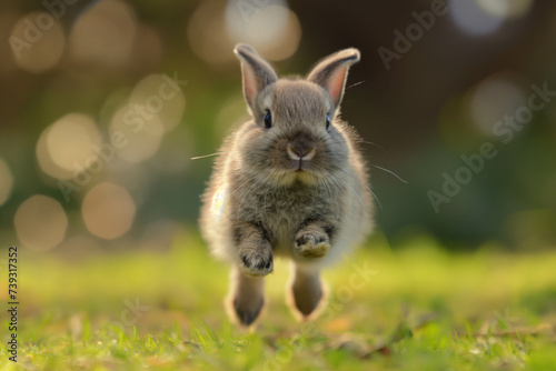 A gray rabbit runs through the grass in the summer. Blurred background