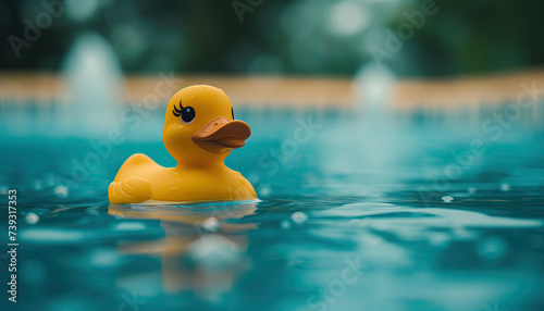 close up view of a yellow rubber duck floating in water in an outdoor swimming pool with bokeh background