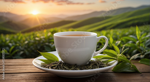 white cup of tea sits amidst lush green tea leaves with a beautiful sunrise illuminating the rolling hills in the background