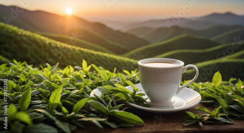 white cup of tea sits amidst lush green tea leaves with a beautiful sunrise illuminating the rolling hills in the background