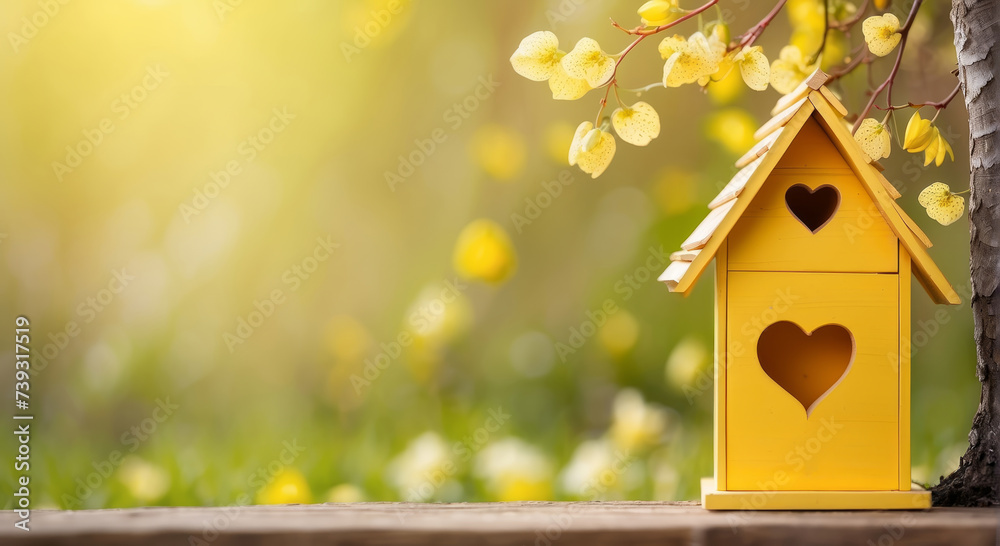 Yellow bird house with the heart shapped entrance on blurred spring outdoor background with copy space